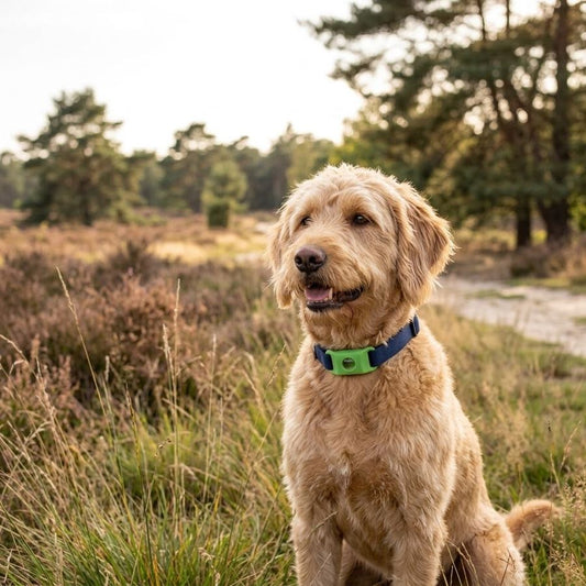 Labradoodle op de heide met de Morbix Tag