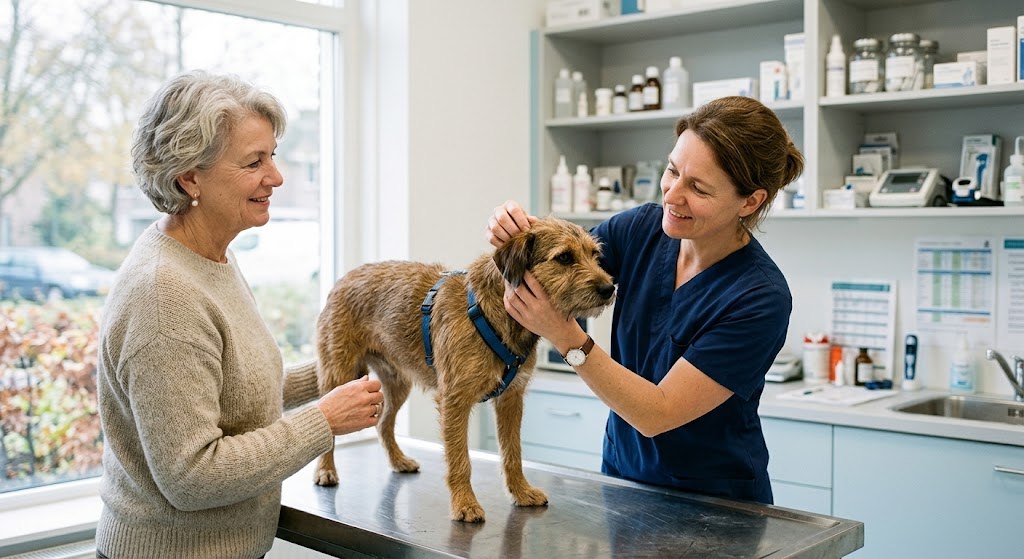 Dierenarts onderzoekt een hond in de praktijk, de eigenaar kijkt toe