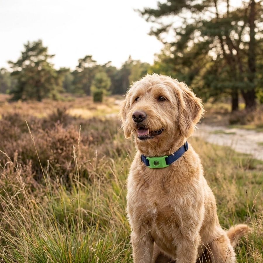 Labradoodle in de Veluwse heide met de Morbix Tag op zijn halsband