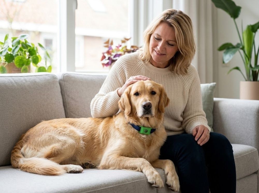 Vrouw aait haar golden retriever met de Morbix Tag op de bank