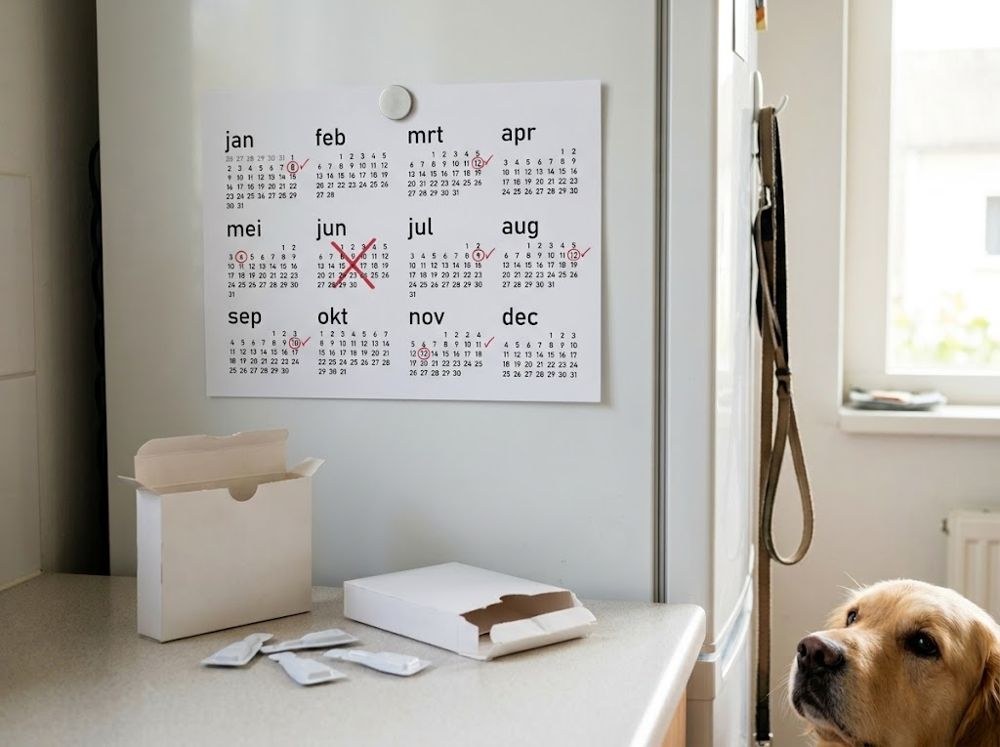 Jaarkalender op de koelkast met elke maand een pipetdag, lege pipetdoosjes en een golden retriever
