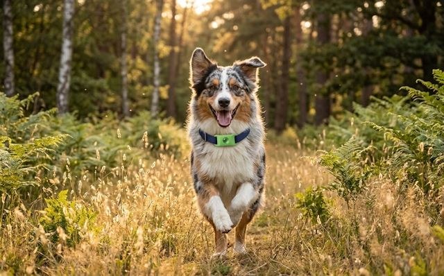 Australian shepherd rent door hoog gras met de Morbix Tag