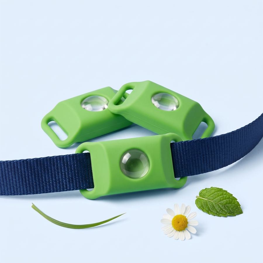 Drie Morbix Tags, één over een blauwe halsband geschoven