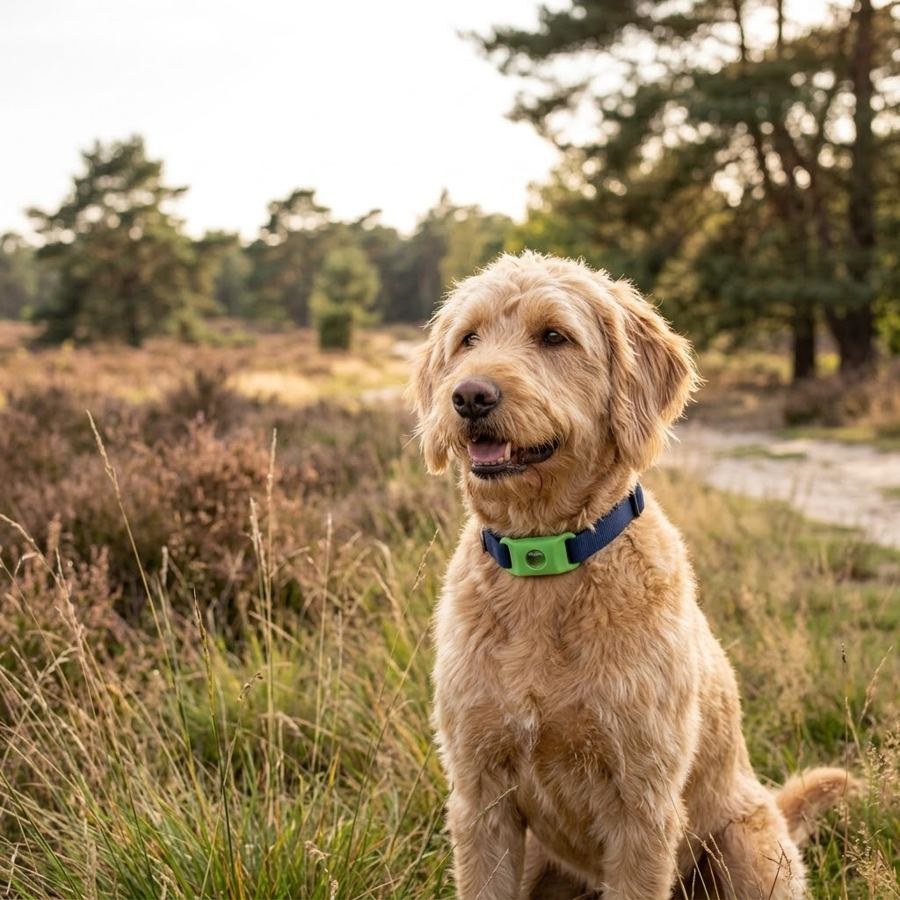 Labradoodle in de heide met de Morbix Tag op zijn halsband